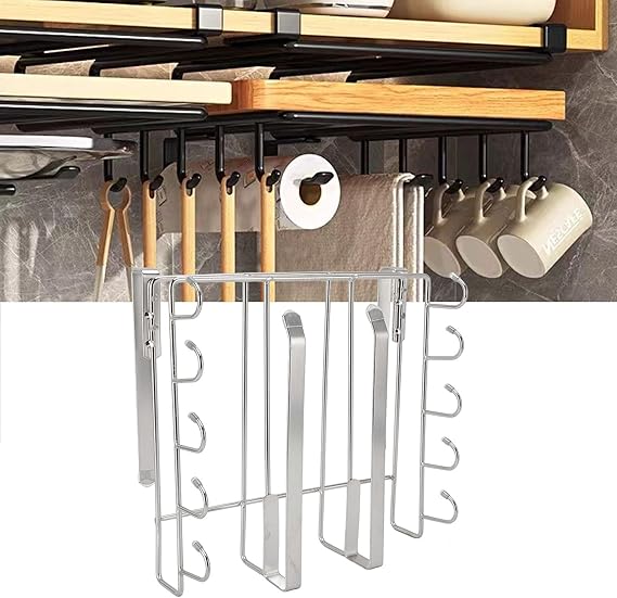 Under Cabinet Hanging Shelf, Stainless Steel Under Shelf Storage Rack with Multiple Hooks, Space - Saving Kitchen Organizer for Cutting Boards Cups Paper Towels Utensils (Silver)