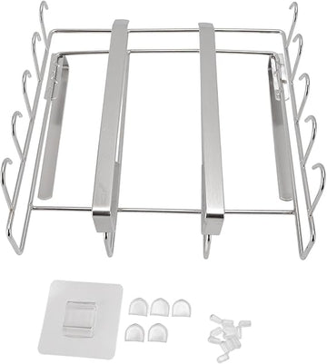 Under Cabinet Hanging Shelf, Stainless Steel Under Shelf Storage Rack with Multiple Hooks, Space - Saving Kitchen Organizer for Cutting Boards Cups Paper Towels Utensils (Silver)